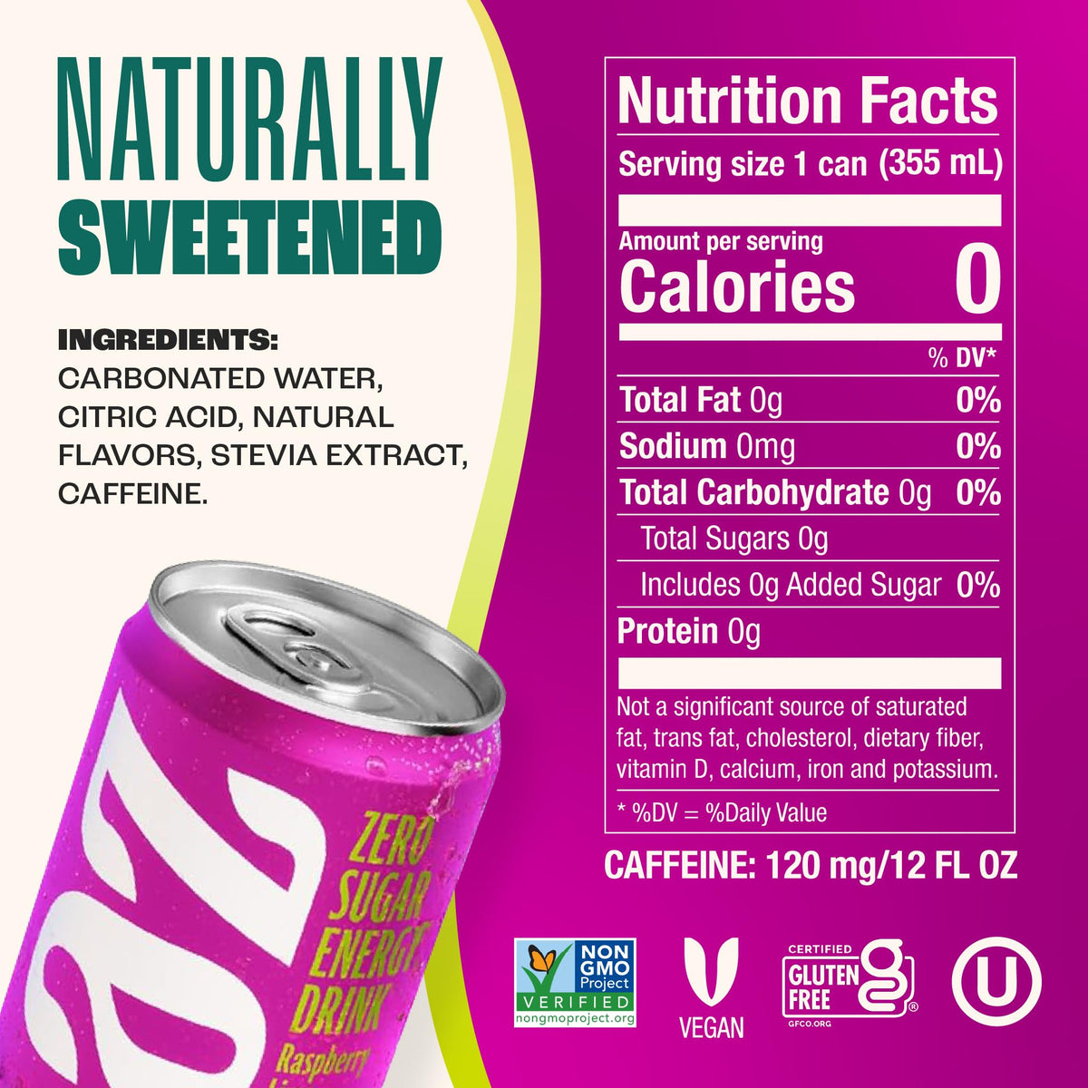 Zevia Zero Sugar Energy Drink, Raspberry Lime, 12 oz Cans (12-Pack) - Naturally Sweetened, Zero Calorie Sugar Free Energy - Non-GMO Project Verified