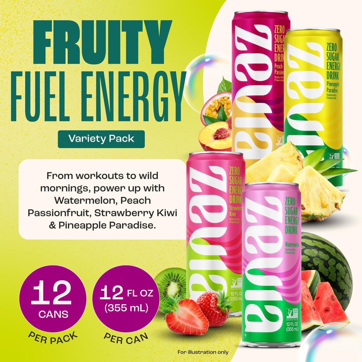 Zevia Zero Sugar Energy Drink, Fruity Fuel Variety Pack, 12 oz Cans (12-Pack) - Naturally Sweetened, Non-GMO Project Verified, Gluten-Free, Vegan