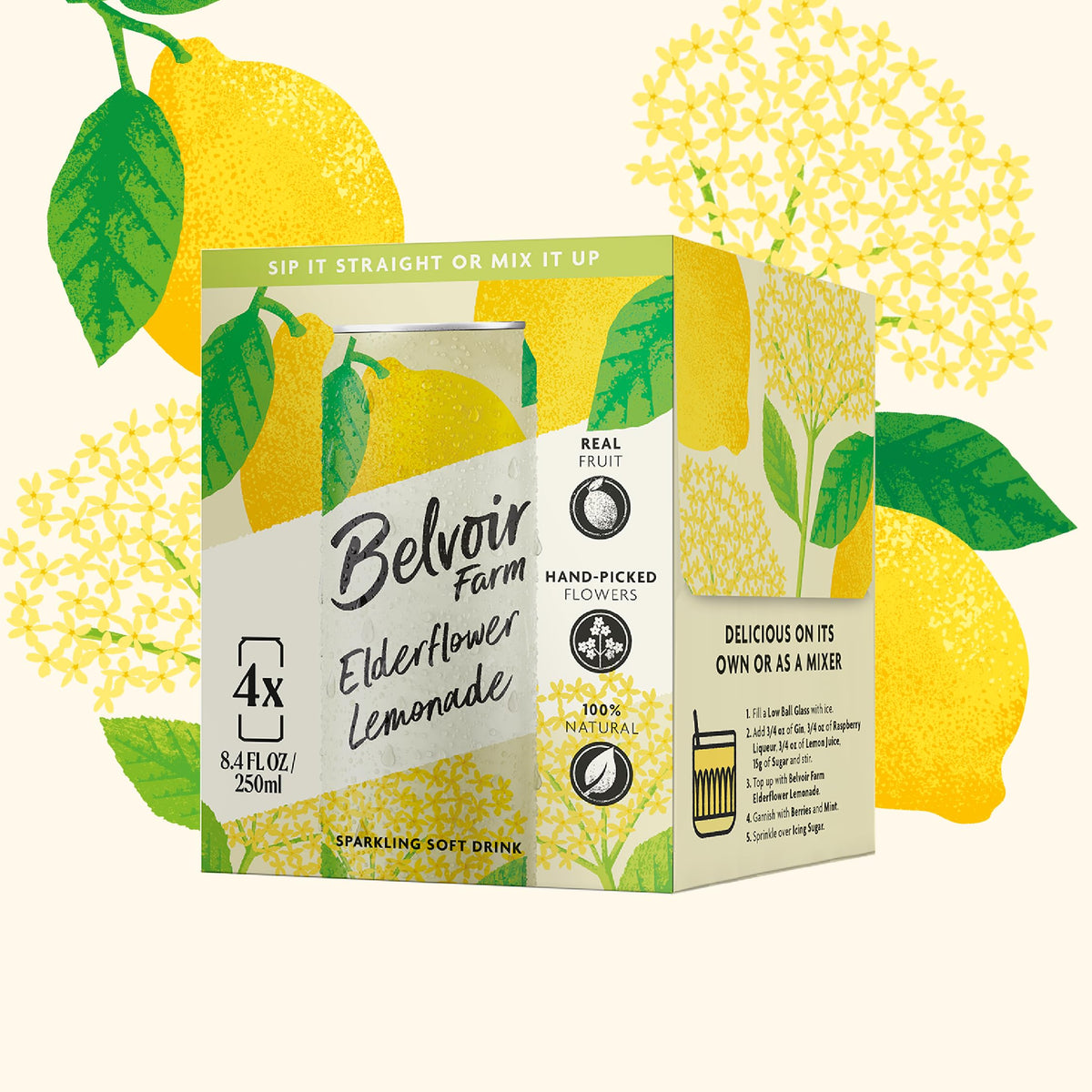 Belvoir Farms Sparkling Elderflower Flavored Lemonade | Delicious On It's Own Or As A Mixer | Product of The UK | 4 Cans, 8.4 fl oz (250mL)