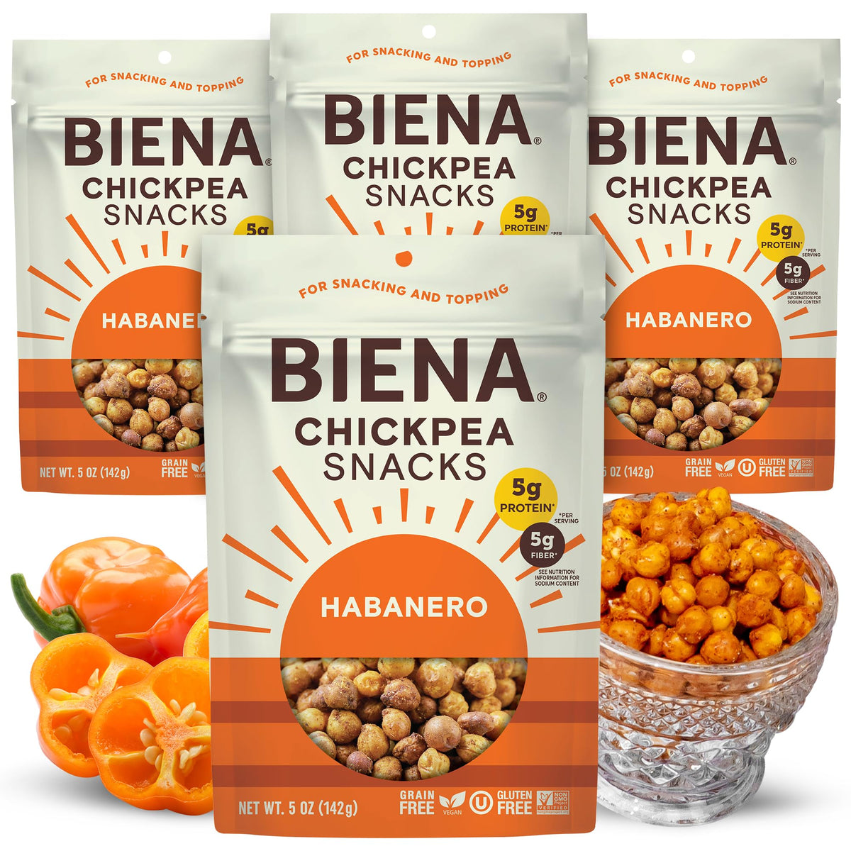 BIENA Chickpea Snacks - Crunchy Roasted Chickpeas - High Fiber Vegan Protein Snacks for Adults and Kids - 4-Pack, 5 Ounce - Habanero