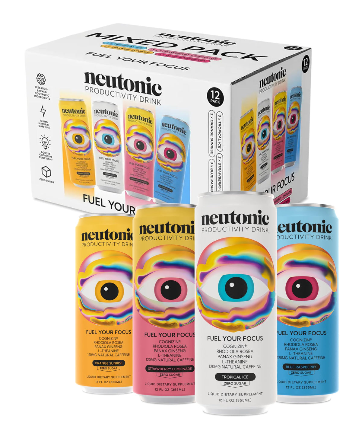 Neutonic Nootropic Productivity Energy Drink | Variety Pack 12 Cans | 120mg Natural Caffeine, Zero Sugar | Support Memory, Mental Clarity, Cognitive