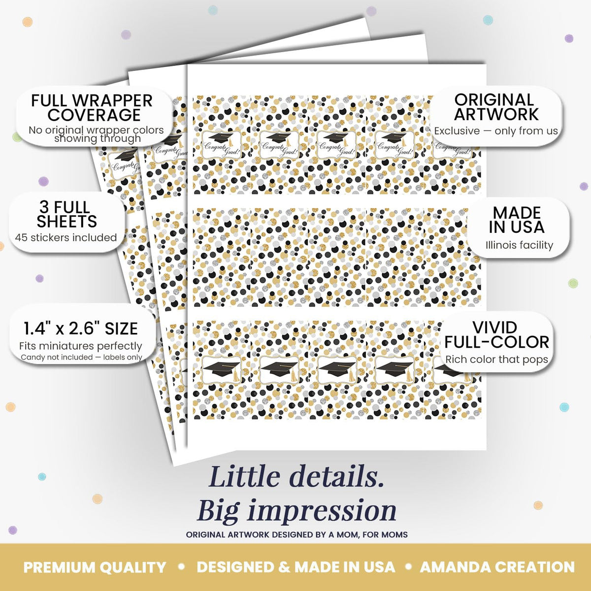 Confetti Polka Dot Graduation Party Mini Chocolate Candy Bar Sticker Wrappers, 45 1.4" x 2.6" Wrap Around Labels by AmandaCreation, Great for Party