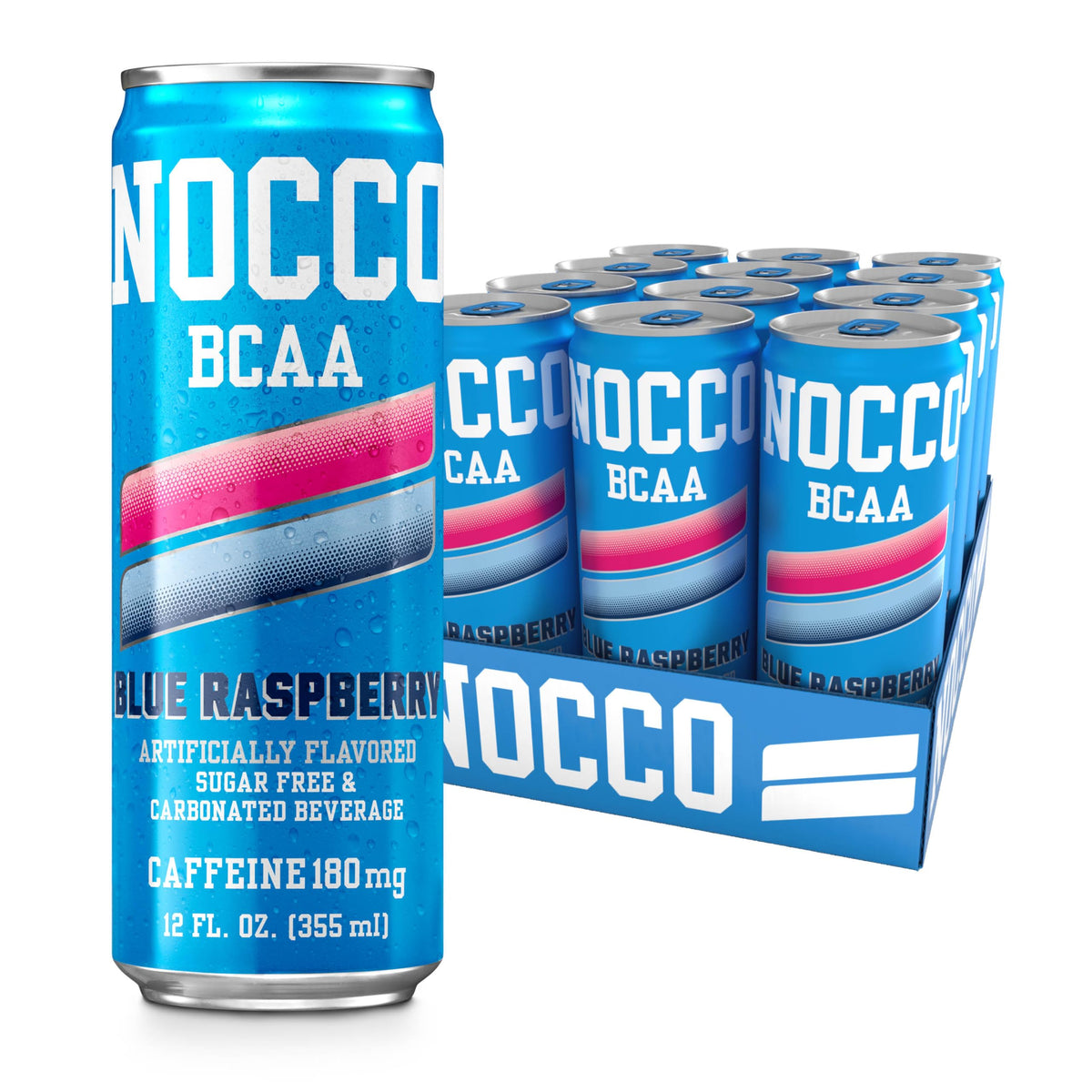 NOCCO Zero Sugar Energy Drink, Blue Raspberry - 12 Fl Oz (Pack of 12) - 180mg Caffeine, Sugar Free, BCAAs - Branched Chain Amino Acids, Carbonated