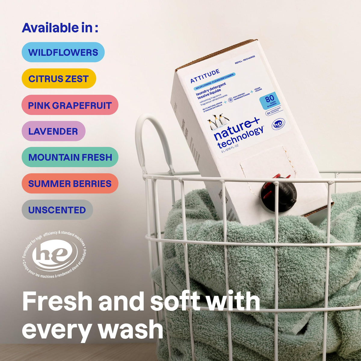 ATTITUDE Liquid Laundry Detergent Refill, EWG Verified, HE Compatible, Plant-Based & Vegan, Natural Laundry Soap, Citrus Zest Scent, 80 Loads, 67.6 Fl