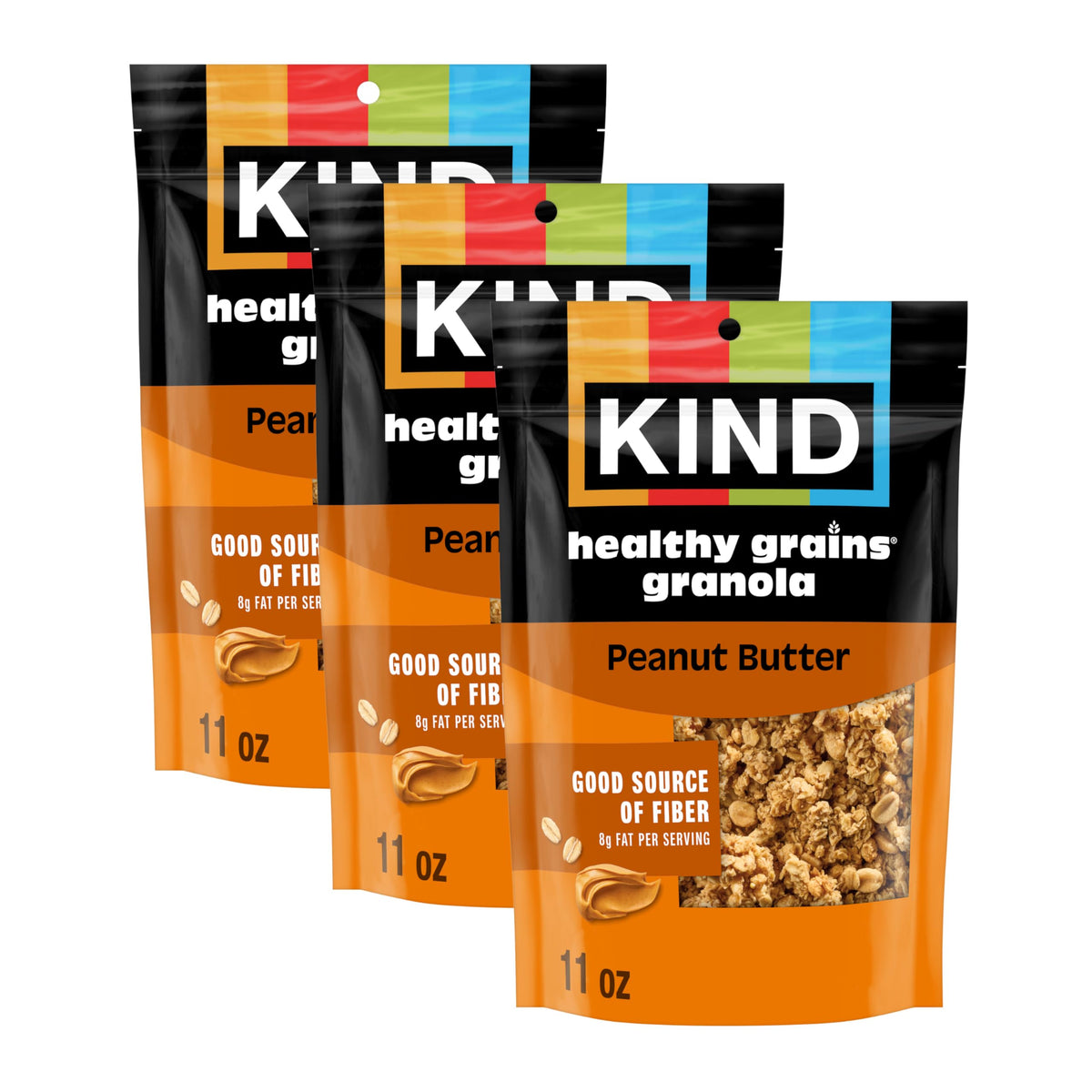 Kind Healthy Grains Granola, Peanut Butter Clusters, Gluten Free, Healthy Snack Mix, 10g Protein, 11oz, 3 Count