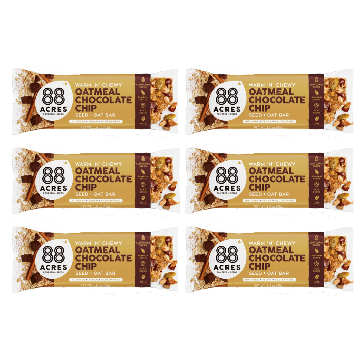 88 Acres Granola Bars, Oatmeal Chocolate Chip, 6 Count, School Safe, Allergen Free Seed & Oat Snack Bar, Gluten & Nut Free, Vegan, Non-GMO & Kosher