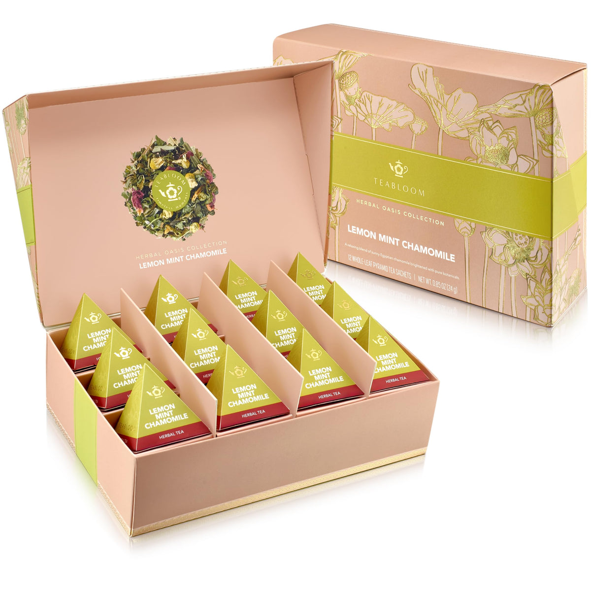 Teabloom Lemon Mint Chamomile Pyramid Tea Presentation Box, 12 Herbal Tea Blends, Whole-Leaf Pyramid Tea Sachets