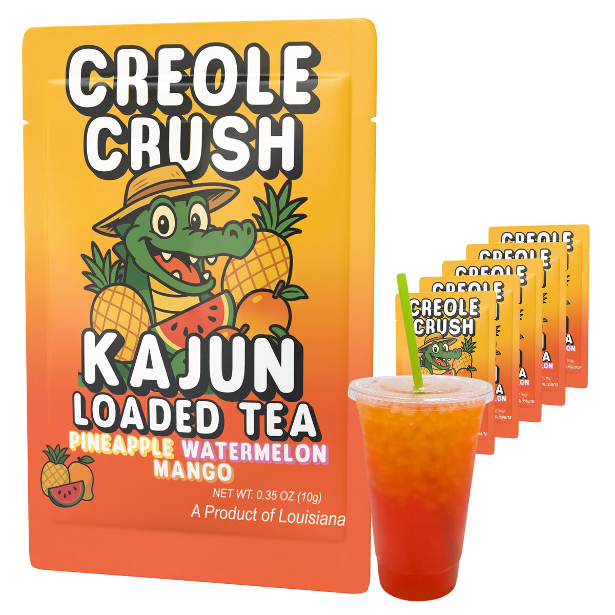 Kajun Loaded Tea Packets - Creole Crush | Pineapple + Watermelon + Mango Flavor | Sugar Free Energy Tea Powder | 250mg Green Tea Caffeine | Zero