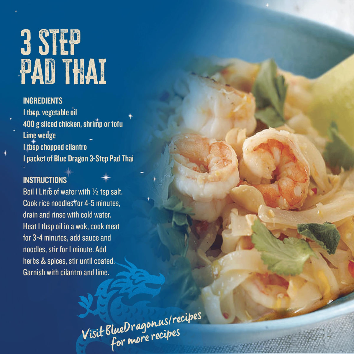 Blue Dragon Pad Thai 3 Step Cooking Sauce & Rice Noodle Kit - 7.7oz (Pack of 1) - Pre-Portioned Sachets of Dried Rice Noodles, Pad Thai Sauce