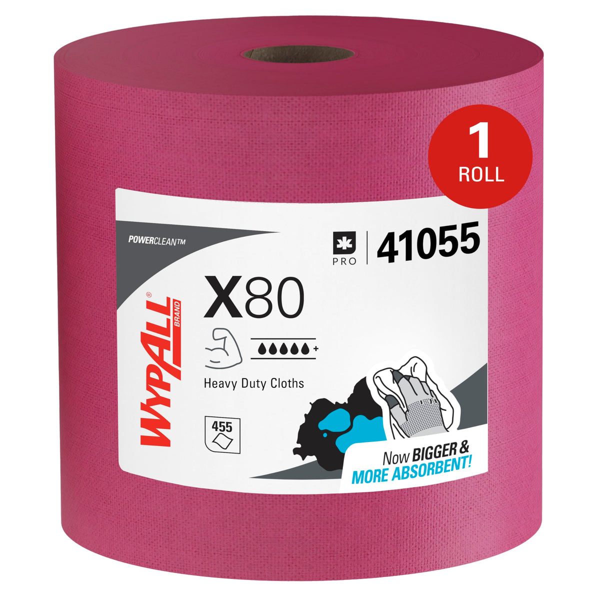 WypAll PowerClean X80 Cloths Heavy Duty Wipes (41055), Jumbo, Extended Use Towels, Red (1 Roll of 455 Sheets, 455 Sheet Total)