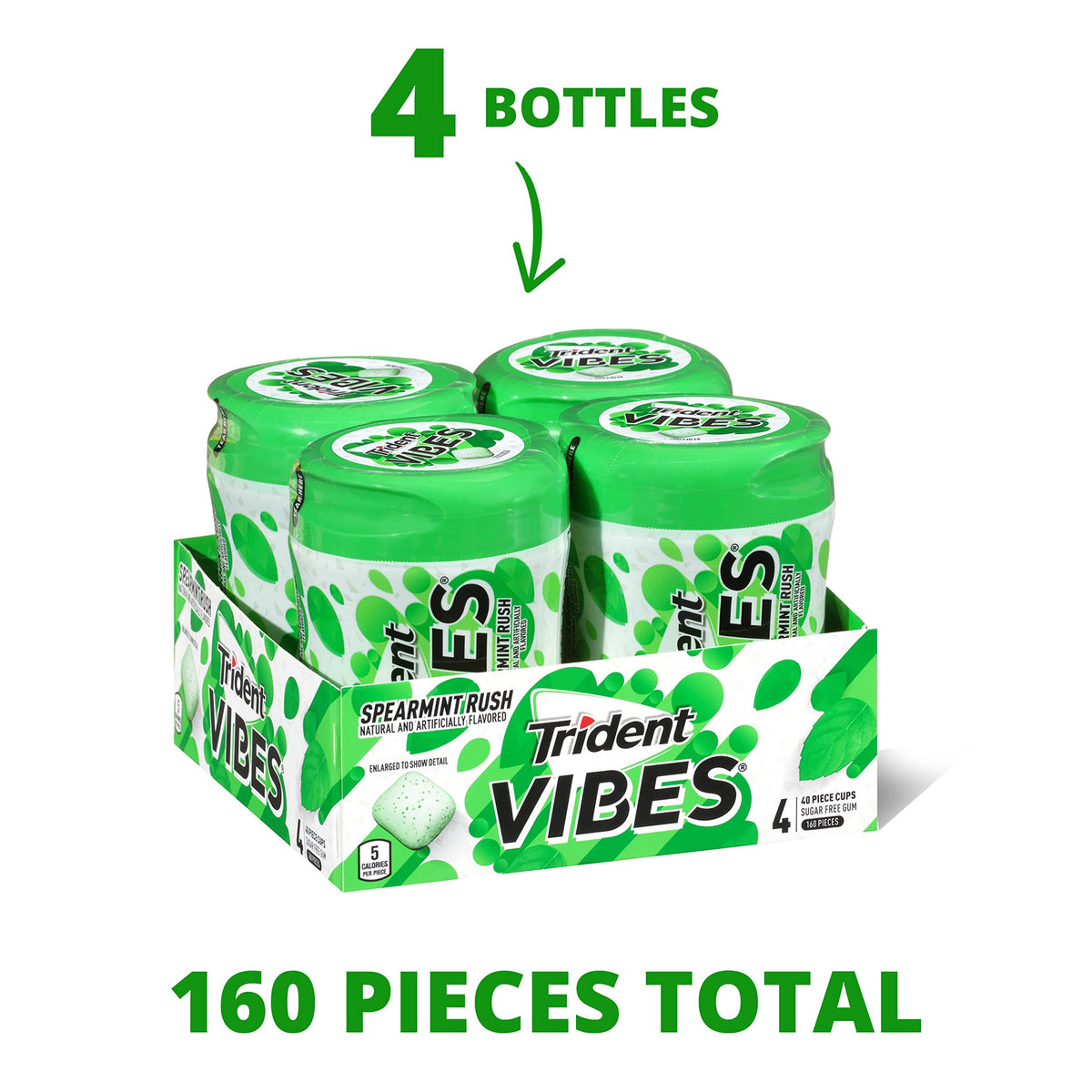 Trident Vibes Spearmint Rush Sugar-Free Chewing Gum, 4 Bottles of 40 Pieces (160 Total Pieces)