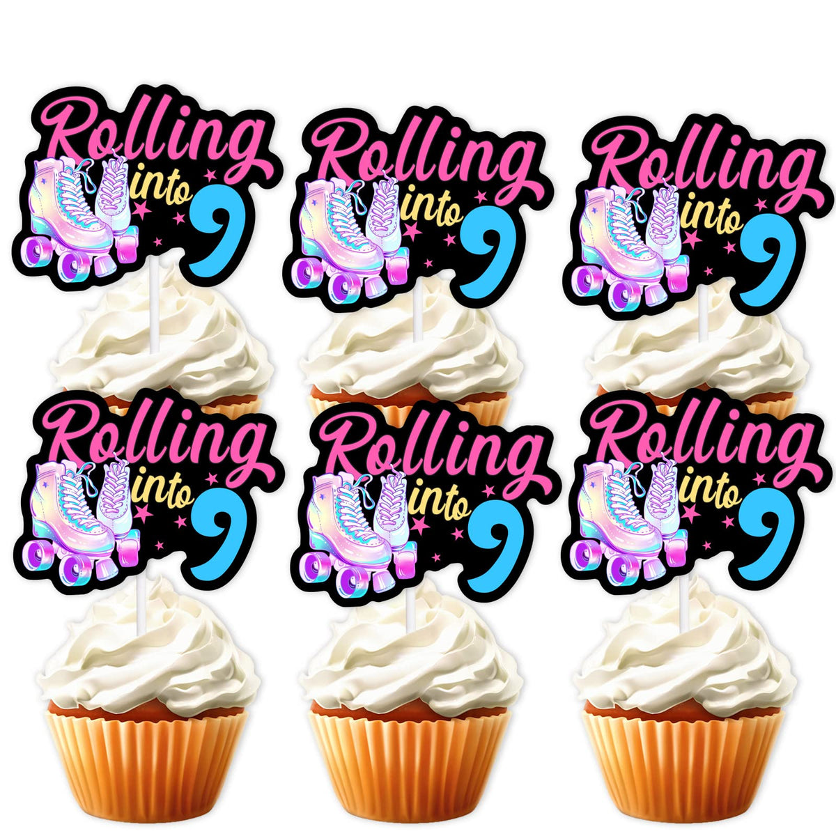 18pcs Black Glitter Pink Roller Skates Dessert Cupcake Topper 80s 90s Retro Hip Hop Roller Skating Rolling into 9 Theme Decor Supplies Boy Girl 9th