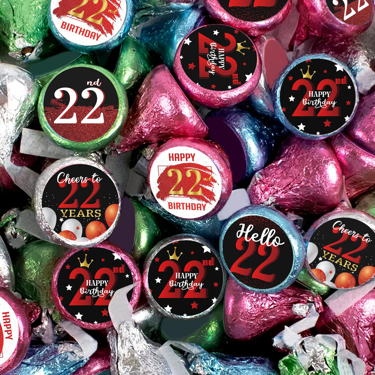 Happy 22nd Birthday Party Favor Labels Chocolate Candy Stickers - Twenty Two Years Old Birthday Round Candy Sticker Party Favors - Black and Red - 150