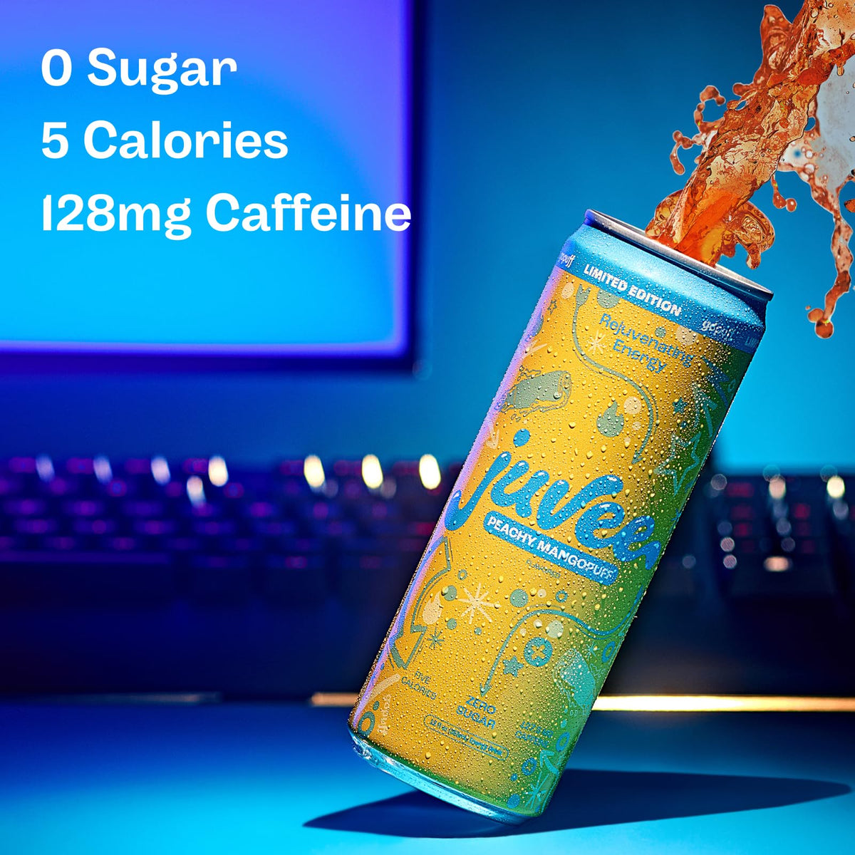 Juvee Rejuvenating Energy Drink - Sugar Free Peachy Mangopuff Flavor, 12 oz Cans (12-Pack) - 127.5mg Caffeine, Zero Sugar, Low Calorie, Clean Energy