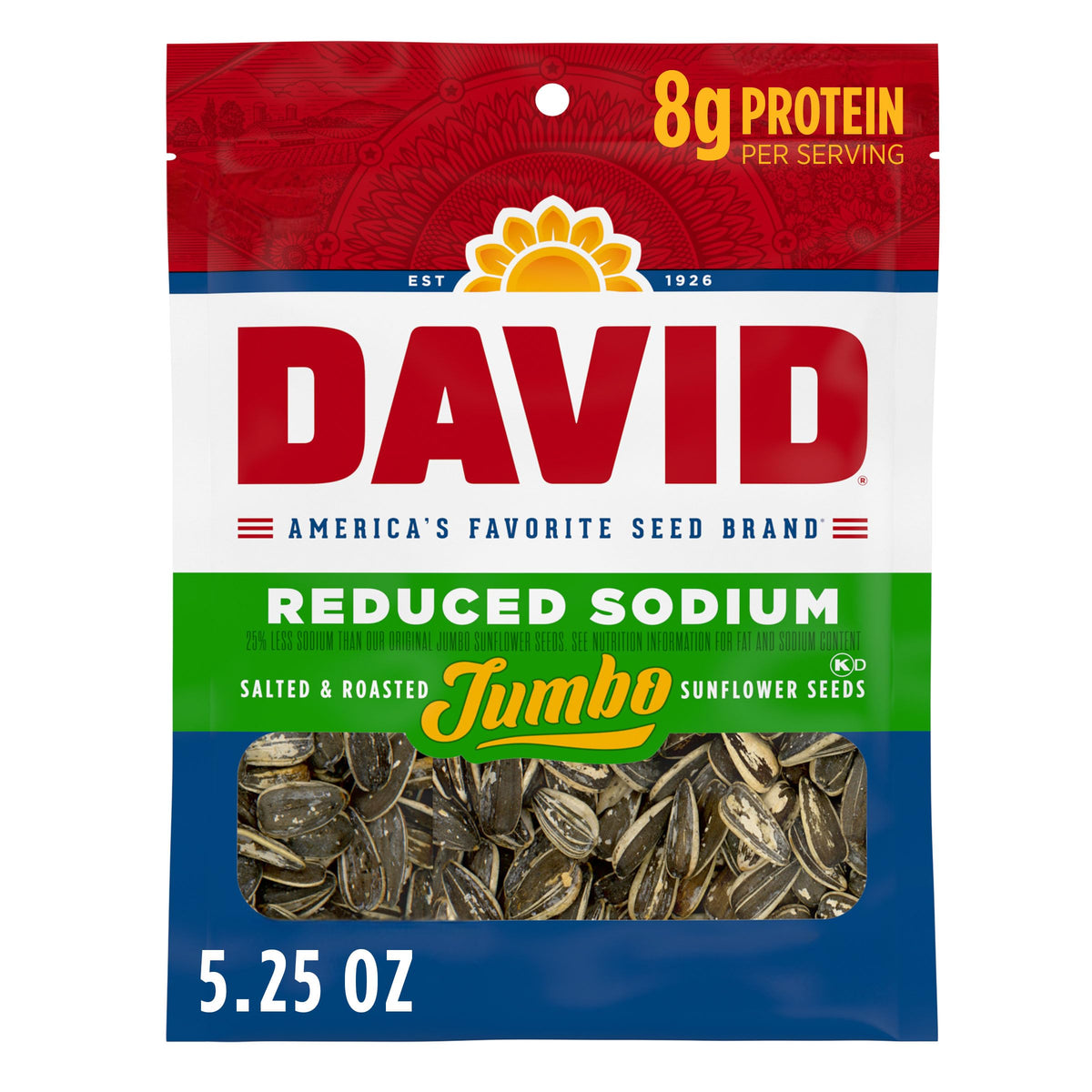 DAVID Reduced Sodium Jumbo Sunflower Seeds, Original Flavor, 5.25 oz.