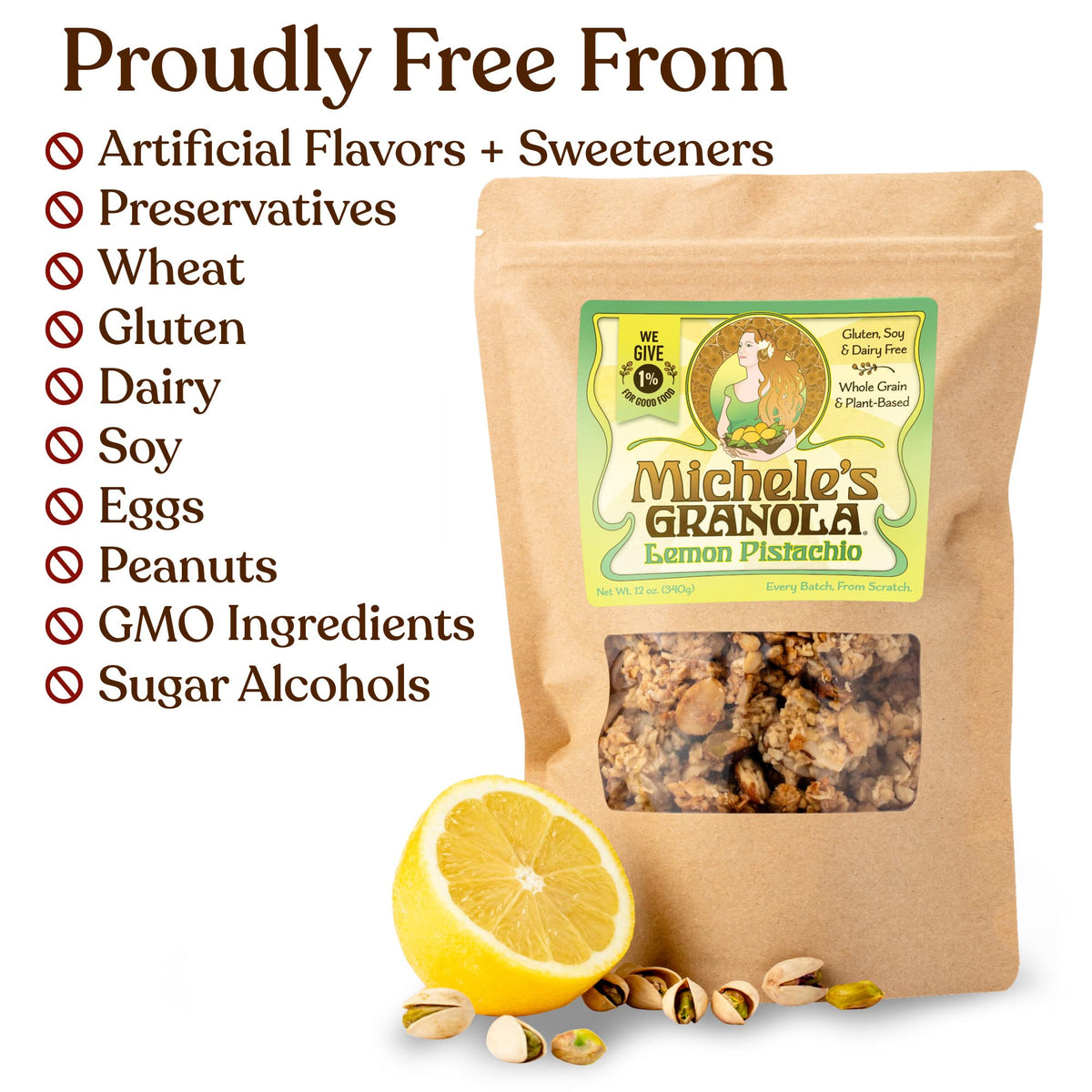 Michele's Granola Lemon Pistachio, Gluten Free & Non-GMO, 12 Ounce, Pack of 6