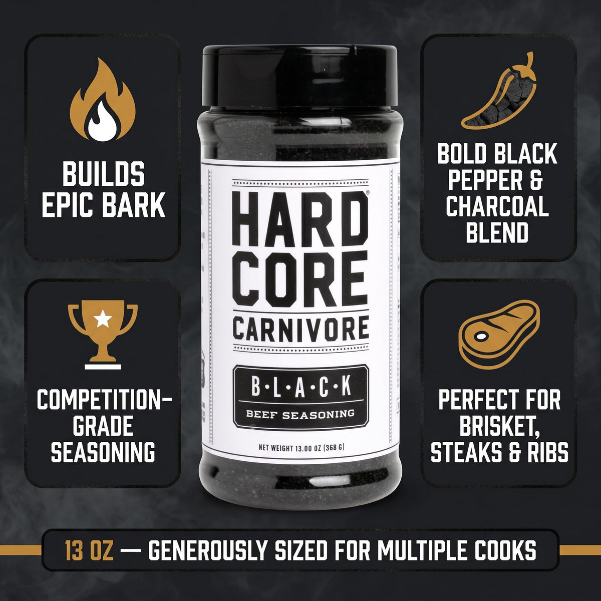 Hardcore Carnivore Black Bar-B-Q Rub Seasoning - 13 oz Bottles (Pack of 2) - For Burger and Steak - Bbq Rub Seasoning with Bag Clip