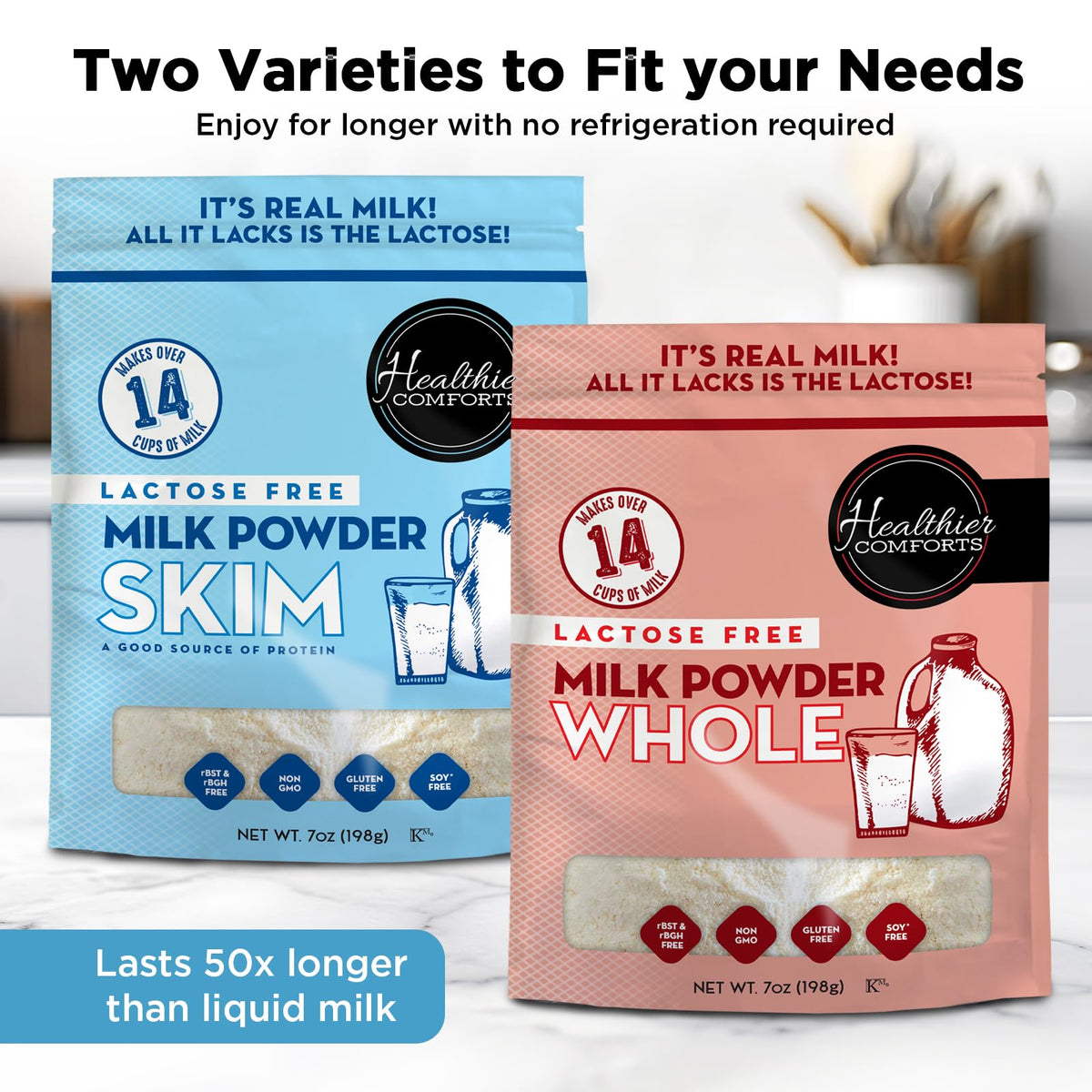 Healthier Comforts Lactose Free Whole Milk Powder | Non-GMO, rBST Hormone Free, Kosher, Gluten Free, No Fillers | Baking, Coffee Creamer, Shakes, Pantry Staple, Camping | Makes 14 cups (7 oz)