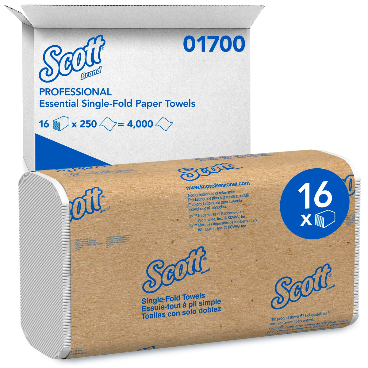 Scott Professional Essential Single-Fold Paper Towels, Bulk (01700), White (250 Sheets/Pack, 16 Packs/Case, 4,000 Sheet Total)