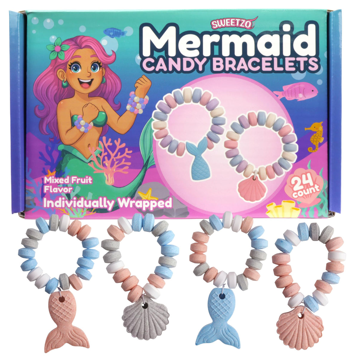 Mermaid Candy Bracelets, 24 Individually Wrapped Edible Jewelry, Girls Birthday Party Favors, 10.16 Ounces