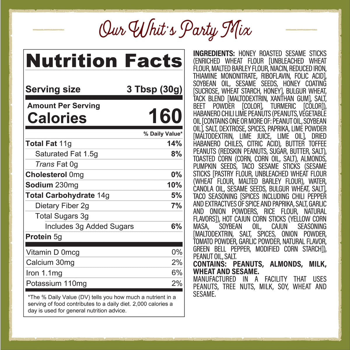 Whitley’s 'Whit's Party Mix' - Sweet & Spicy Snack Mix, Sesame Sticks, Corn Nuts, Cajun Sticks & Nuts (18 Ounce Tin)