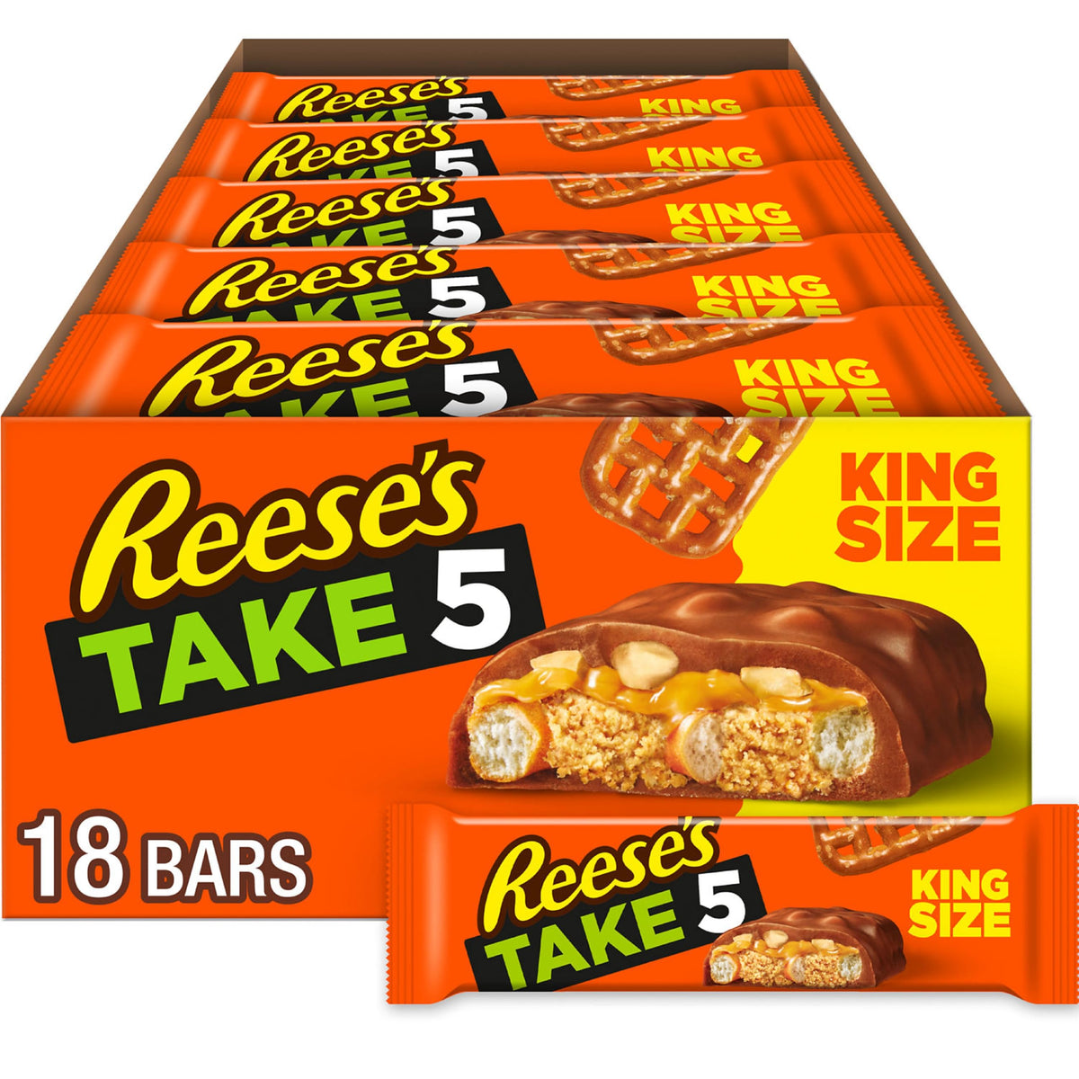 REESE'S TAKE 5 Pretzel, Peanut and Chocolate King Size, Candy Bars, 2.25 oz (18 Count)