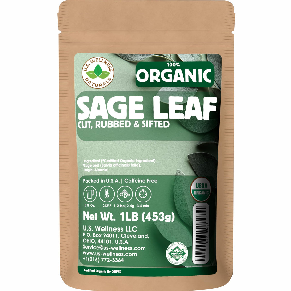 U.S. Wellness Naturals Organic Sage Leaf, 1 Pound, Cut and Sifted Loose Leaf Tea and Seasoning, Salvia officinalis, Albanian Origin