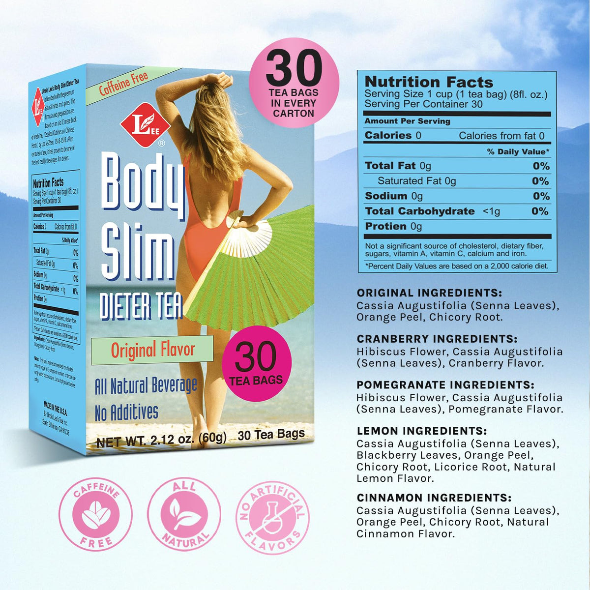 Uncle Lee’s Body Slim Dieters Tea, Detox & Slimming Tea, Senna, Bitter Orange, Cinnamon Flavor & Chicory Root, Natural Laxative, Caffeine-Free Herbal
