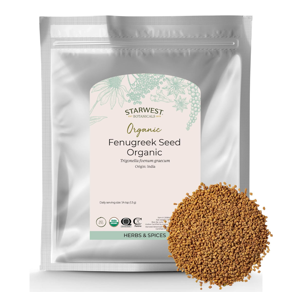 Starwest Botanicals Whole Fenugreek Seeds Organic - Seasoning Spice for Cooking, Use in Tea, Curry, or Natural Herbal Blends, Certified Kosher