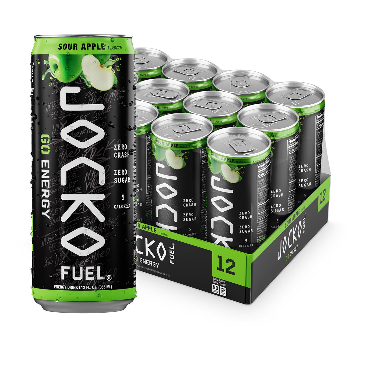 Jocko Fuel GO Energy Drinks, Sour Apple - 95mg Caffeine with Added Adaptogens, Vitamin B12 & B6, & L Theanine for Mood & Focus Support, No Sugar, 12