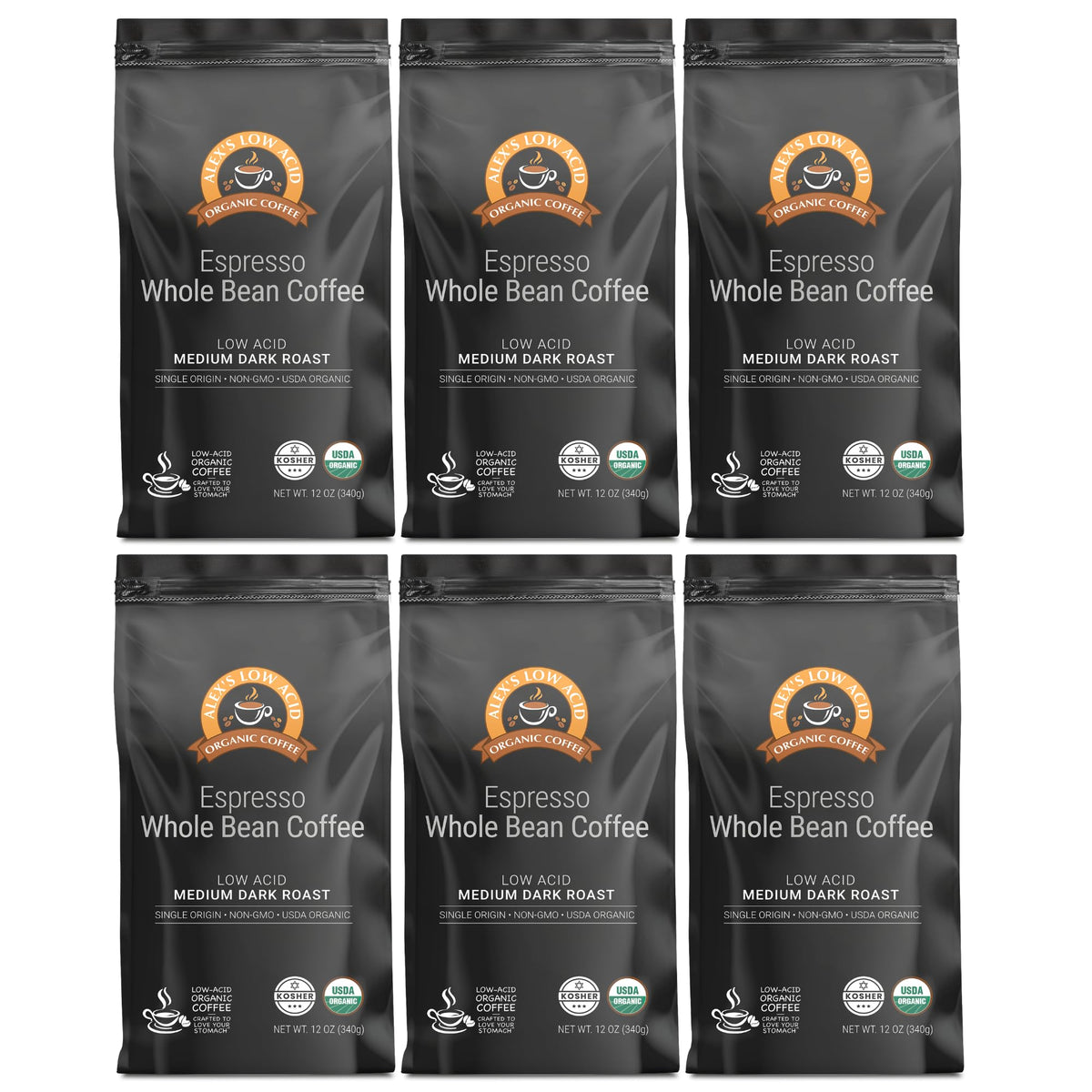 Alex's Low Acid Organic Coffee 12oz Bag - Whole Bean Espresso, Medium Dark Roast (Pack of 6)