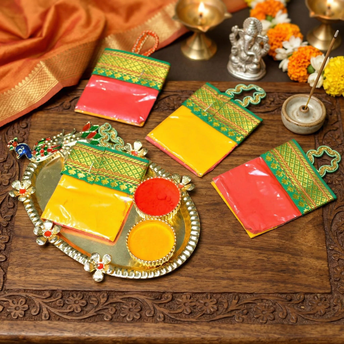 LOVENSPIRE Handbag Style Mini Haldi Kumkum Packets for Pooja Thali - Decorative Sindoor & Turmeric Powder Combo for Wedding & Housewarming Favors
