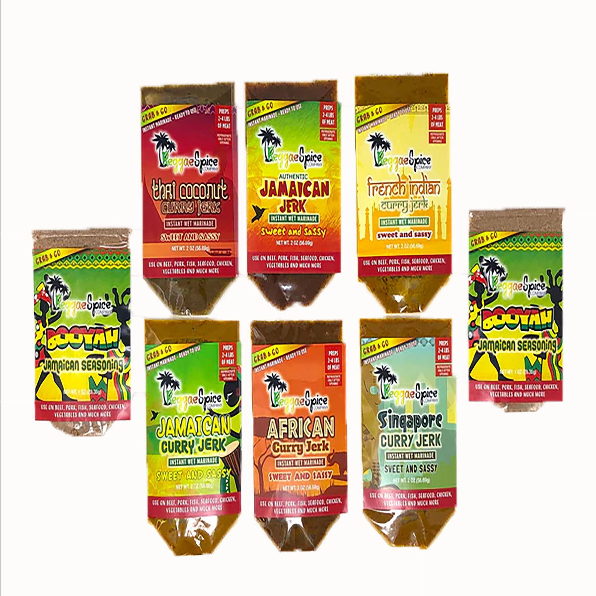 Reggae Spice Company - Sample Pack One of Each Flavor and Two Booyahs, Wet Rub Marinade, Gluten Free, Keto, Vegetarian and Vegan Friendly, Grab and Go