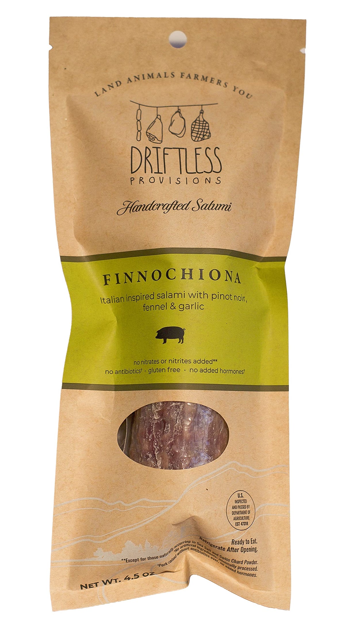 Driftless Provisions Artisanal Finnochiona Uncured Dry Salami - Naturally Fermented - Nitrate and Nitrite Free* - Antibiotic and Hormone Free
