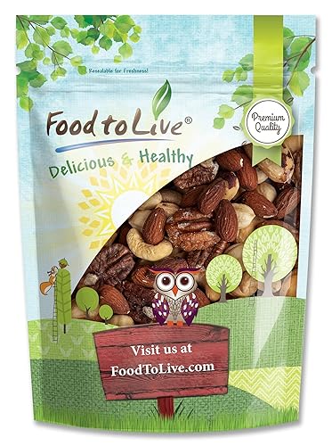 Food to Live Deluxe Unsalted Nuts Mix, 2 Pounds - A Blend of Dry Roasted Pecans, Cashews, Hazelnuts, Almonds, Brazil Nuts. Oven Roasted, Vegan