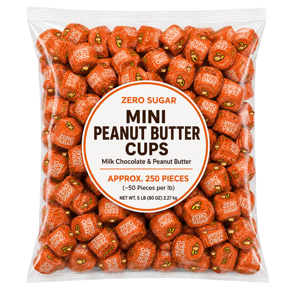 Sugar Free Mini Peanut Butter Cups Candy Individually Wrapped Bulk Bag - 5 lb (Approx. 250 pieces)