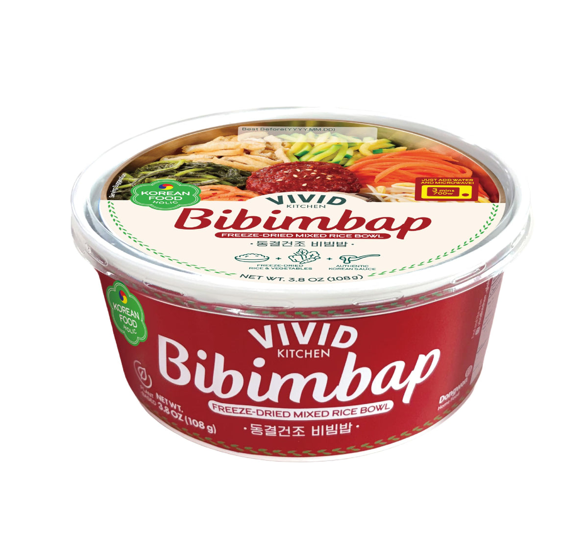 VIVID KITCHEN Freeze-Dried Bibimbap with Zero Sugar Sauce - Plant-Based Korean Meal - 3-Minute Microwave Bibimbap with 8 Vegetables - Lightweight