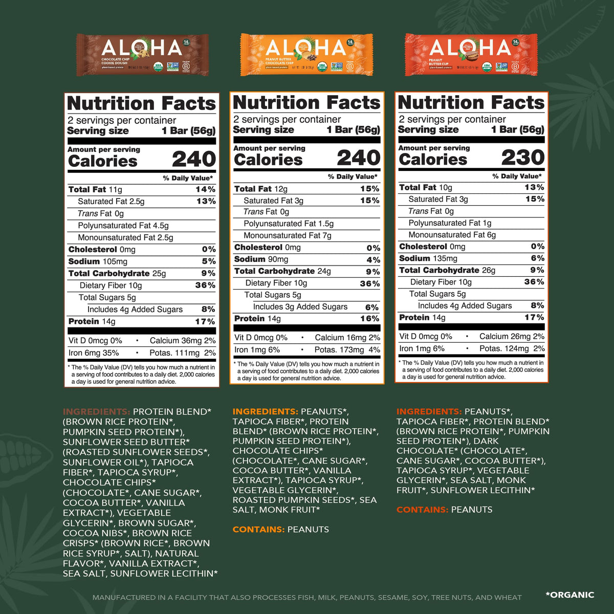 ALOHA Organic Plant Based Protein Bars - 3 Flavor Variety Pack - 12 Count, 1.98oz Bars - Vegan Snacks, Low Sugar, Gluten-Free, Low Carb, Paleo