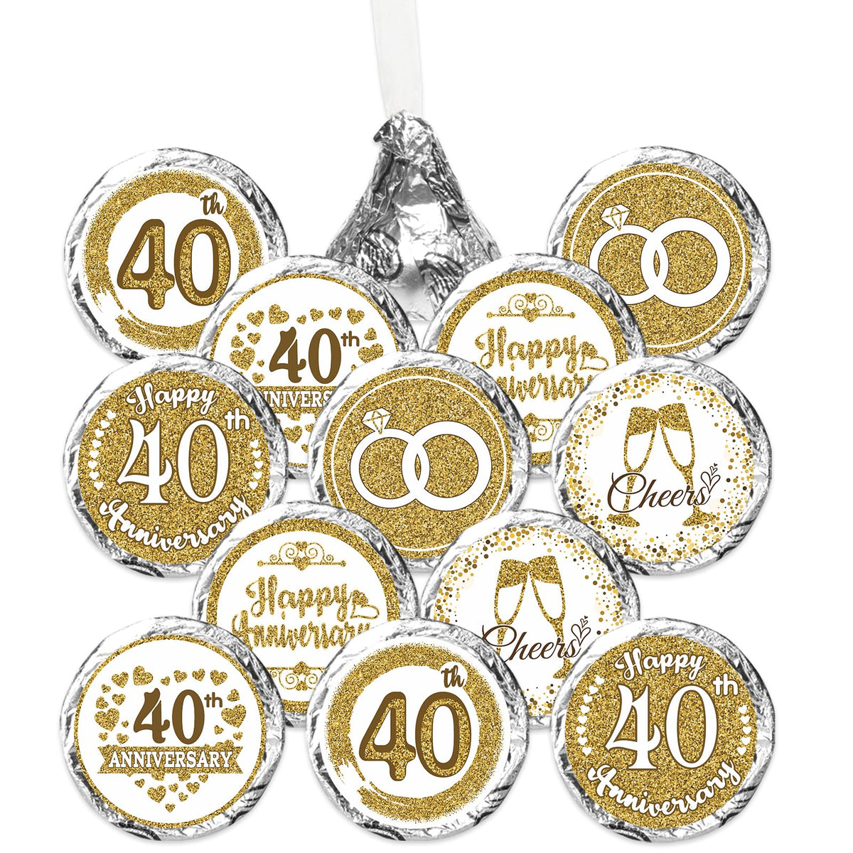 Gold 40th Anniversary Chocolate Kiss Stickers,180 Count, 0.75" Chocolate Drop Labels for Kisses, 40th Wedding Anniversary Party Favors Labels