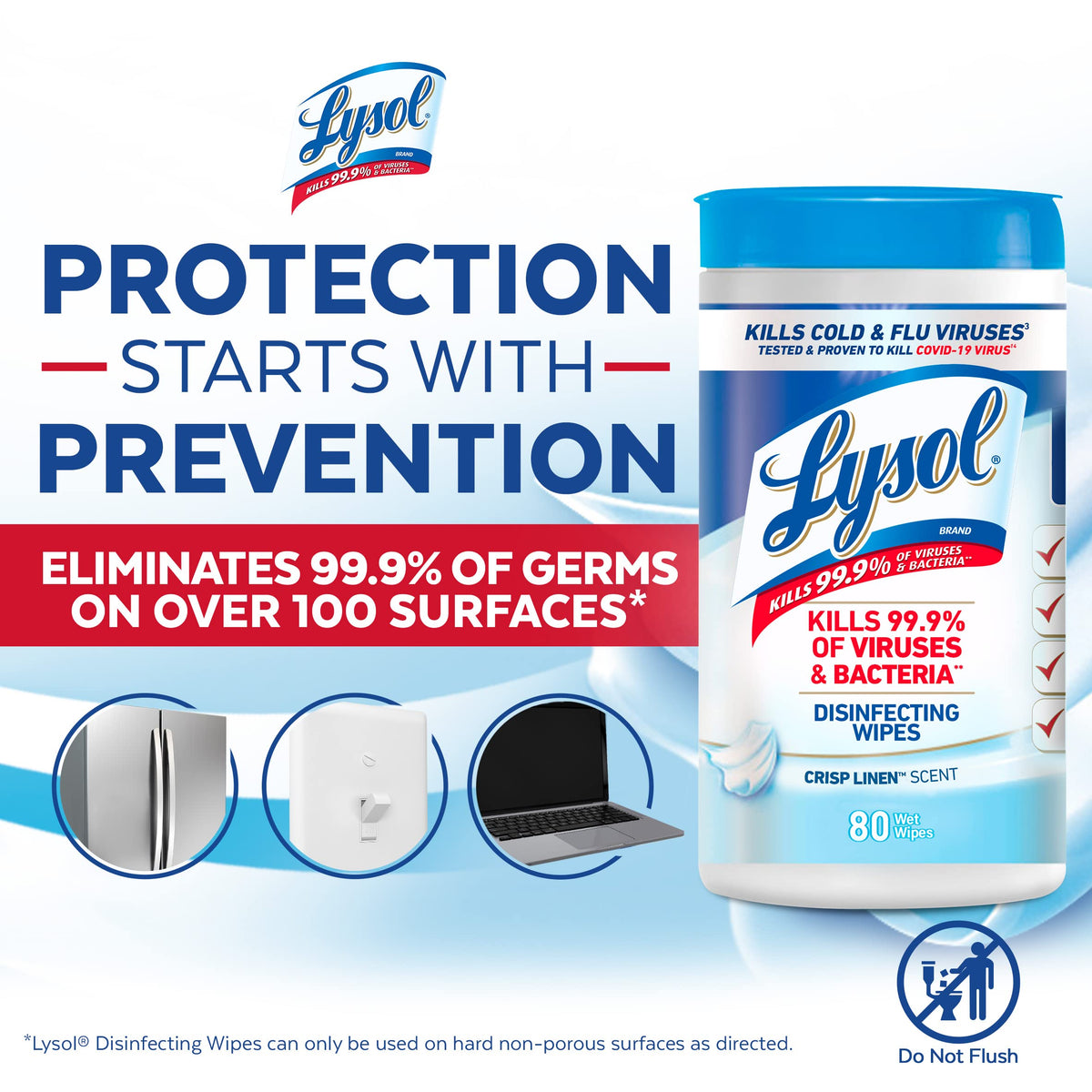 LYSOL 89346CT Disinfecting Wipes, Crisp Linen Scent, 7 x 8, 80/Canister, 6 Canister/Carton