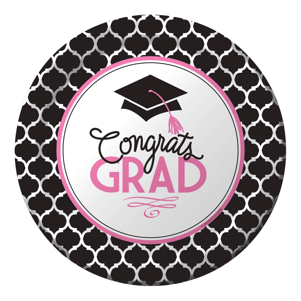 Creative Converting 18 Count Sturdy Style Paper Dinner Plates, 8.75", Glamorous Grad, Black/White/Pink