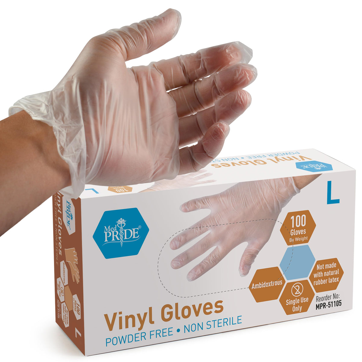 MedPride General Purpose Powder-Free Vinyl Gloves, Large, Box/100