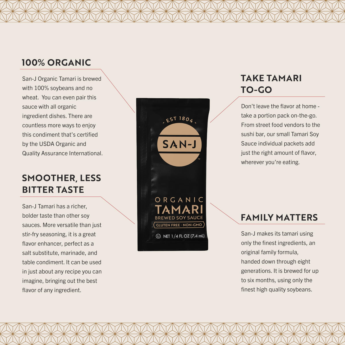 San-J - Organic Gluten Free Tamari Soy Sauce - Made with 100% Whole Soy - Specially Brewed - 1/4 oz. Individual Portioned Packets - 200 Pack