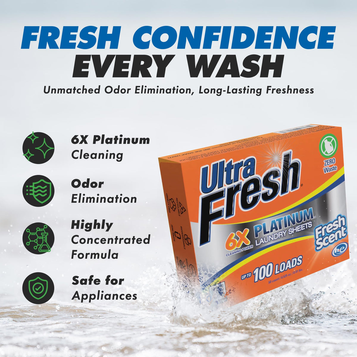 Ultra Fresh 50 Count Laundry Detergent Sheets for All Machine Types, 6X Platinum, Up to 100 Loads, Fresh Scent