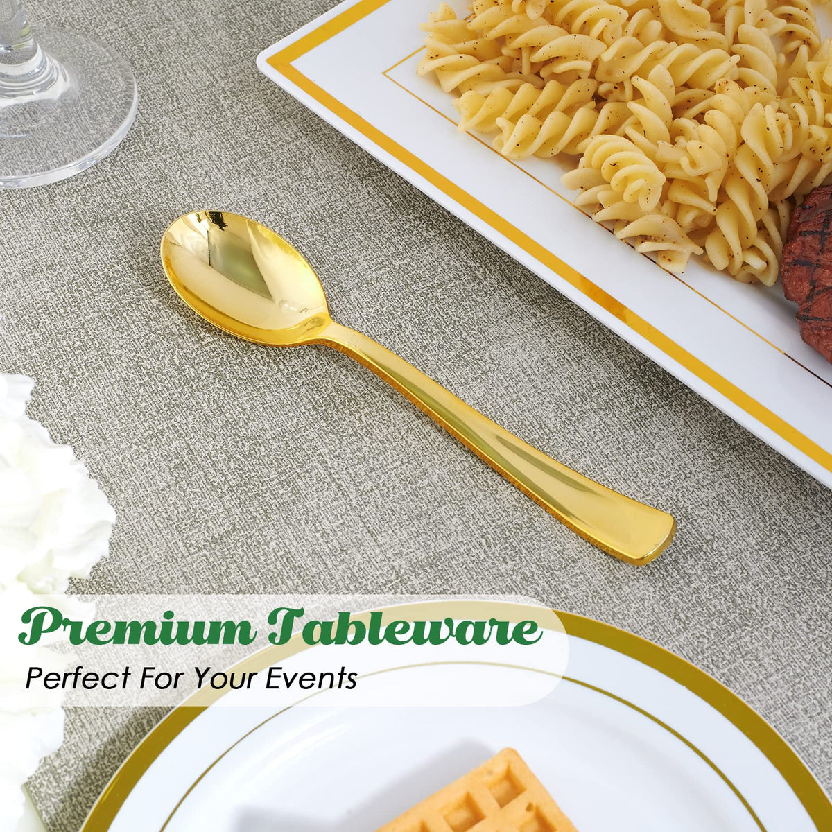 FOCUSLINE 300 Pack 6.8" Disposable Gold Plastic Spoons, Solid and Durable Plastic Cutlery Spoons, Heavy Duty Disposable Utensil Silverware