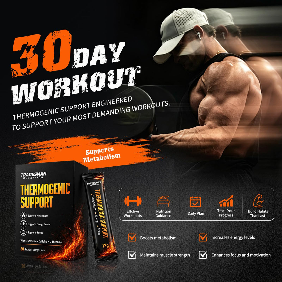 Tradesman Nutrition Shred, Orange Thermogenic Support Energy Drink Powder Packets, Energy & Focus Support Formula for Men & Women, 30 Sachets