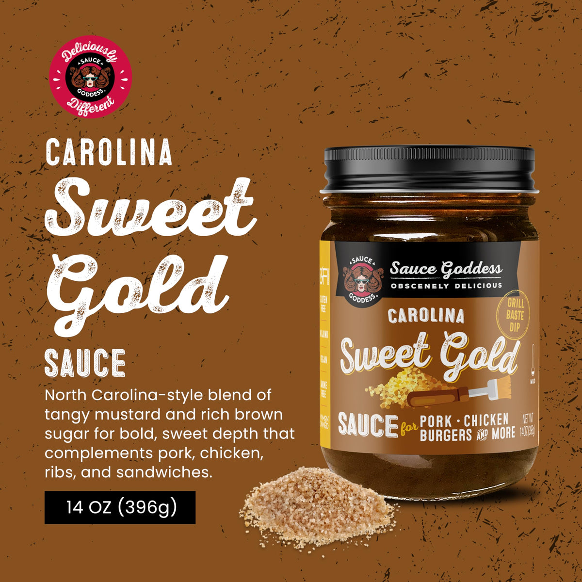 Sauce Goddess - Carolina Sweet Gold Barbecue Sauce - Tangy Mustard, Brown Sugar, Apple Cider Vinegar, Certified Gluten-Free, Vegan, 14 oz - 1 Pack