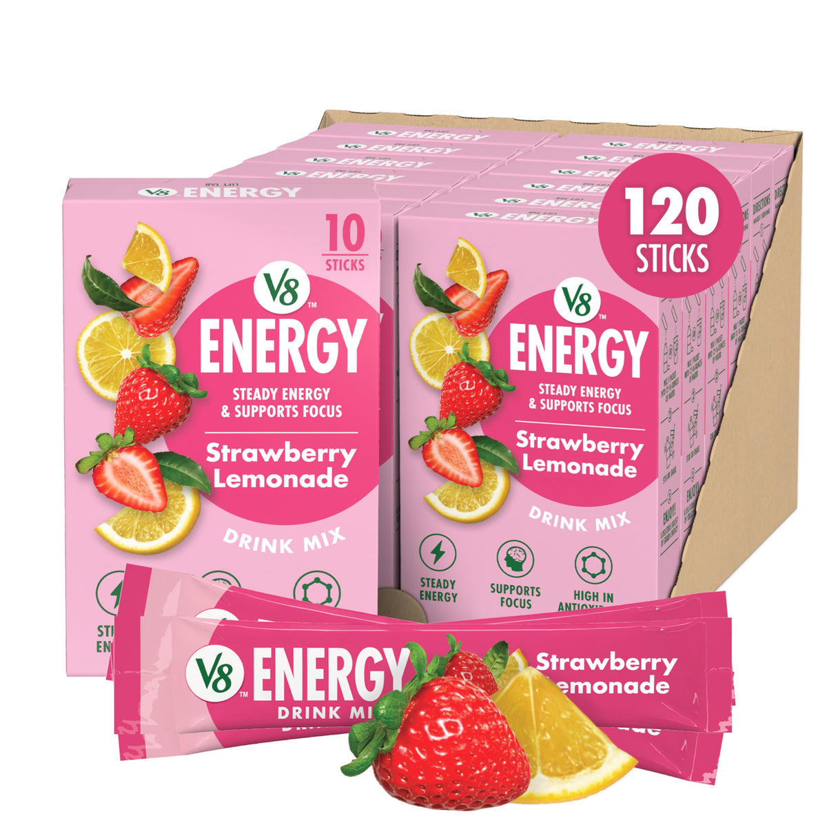 V8 Energy Strawberry Lemonade Energy Drink Powder, .10 oz Packet (120 Count)