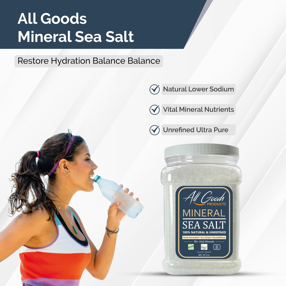 All Goods Mineral Coarse Grain Sea Salt, 4 LB. Natural Mineral Salt from Mexico, Unrefined, Hand-Harvested, 90+ Essential Minerals, Kosher, 30% Low