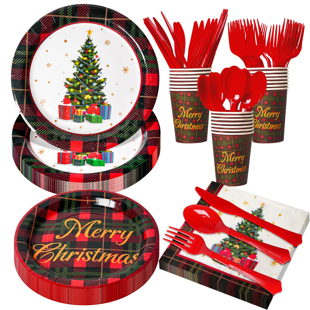 KTCNMER 175 Pcs Christmas Dinnerware Set Disposable Paper Plates and Napkins for 25 Guests Holiday Tableware Kits Cups Forks Knives Spoons